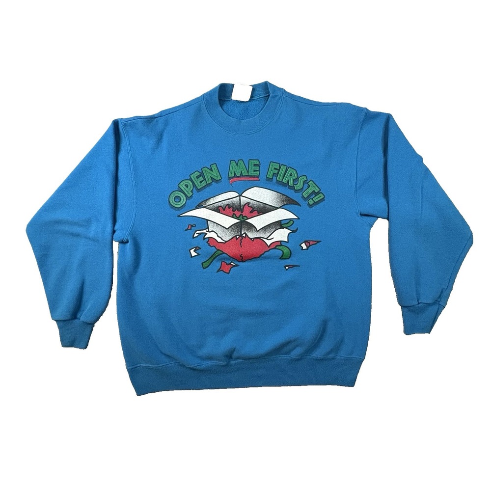 VTG Hanes Men's L Blue 90's Open Me First Graphic Crewneck Sweatshirt SEE DESCRI